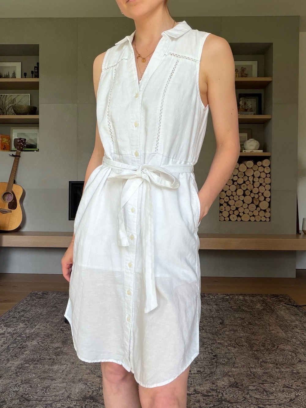 Banana Republic linen and cotton Sleeveless Button Down Tie Waist Midi dress